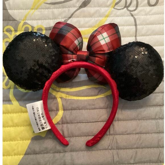 NWOT Disney Parks Christmas Holiday Ear Headband Black Sequin Buffalo Plaid Bow main image 3